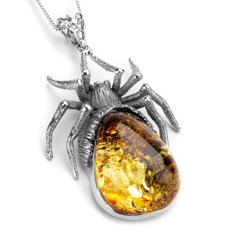 Chilling Handmade Spider Necklace in Silver and Natural Amber sold by Henryka