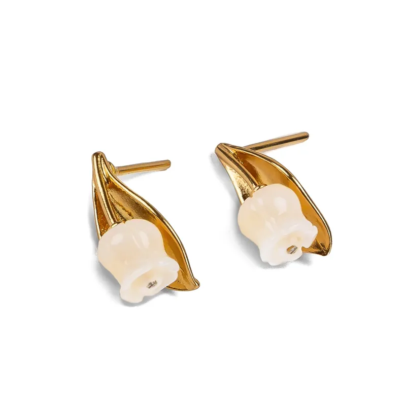 Lily of the Valley Flower Stud Earrings in Silver with 24ct Gold & Mother of Pearl sold by Henryka