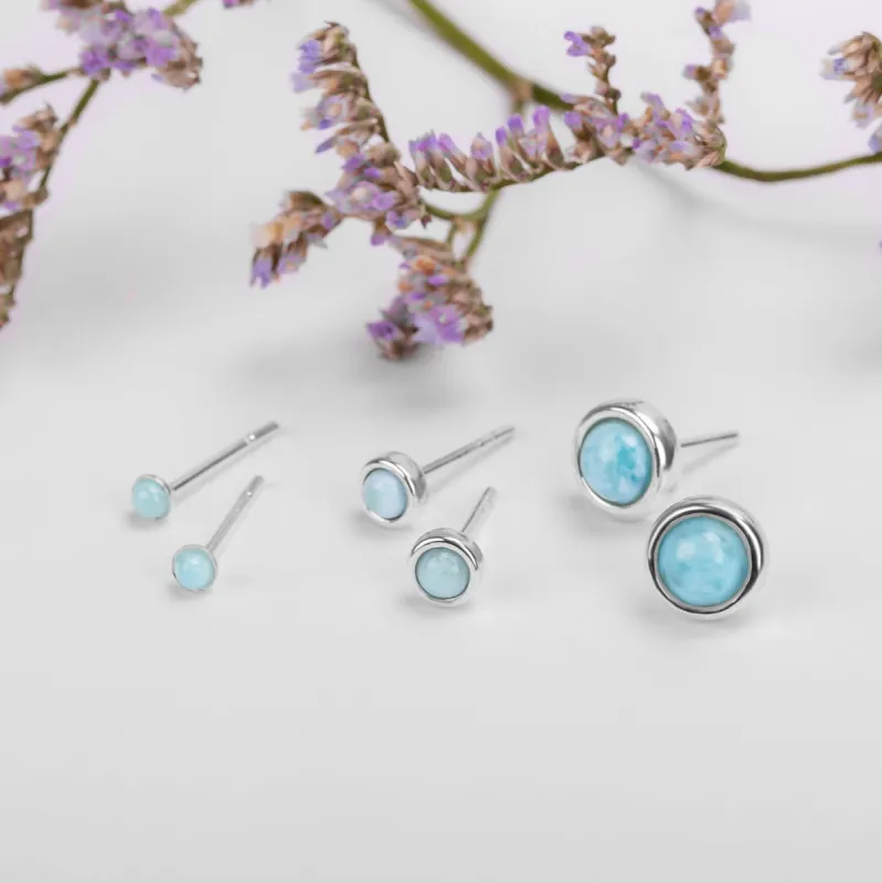 Silver & Larimar Round Stud Earrings Set of 3 sold by Henryka