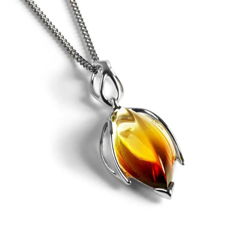 Sunset Amber Flower Bud Necklace in Silver and Amber sold by Henryka