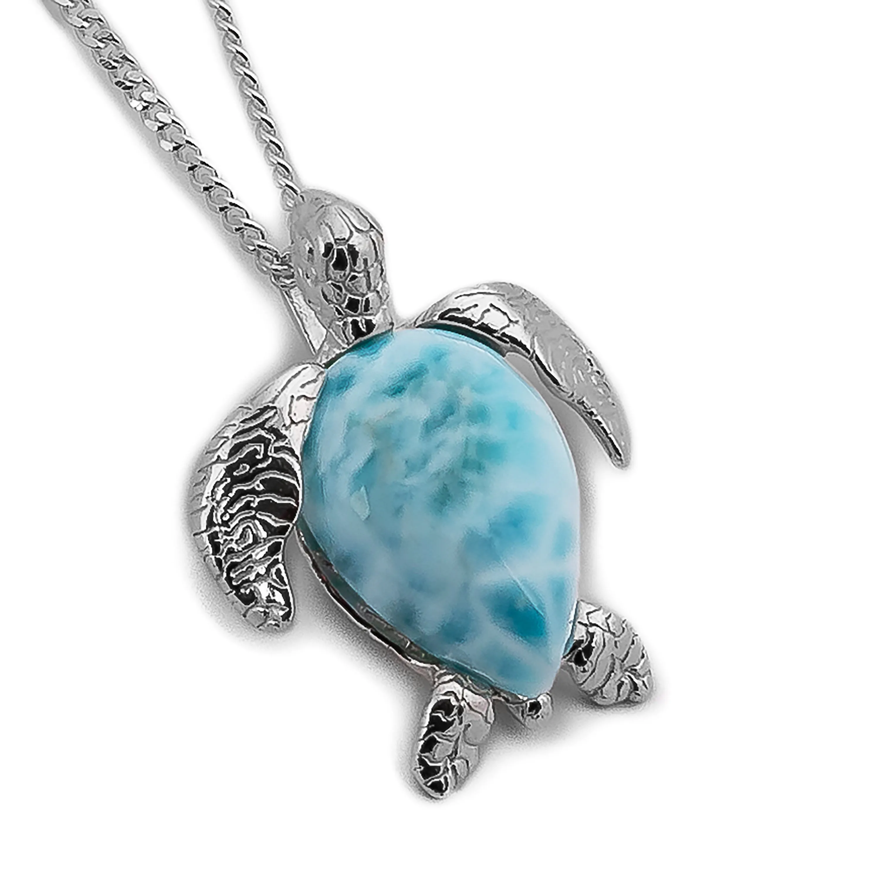 Sea Turtle Necklace in Silver and Larimar sold by Henryka
