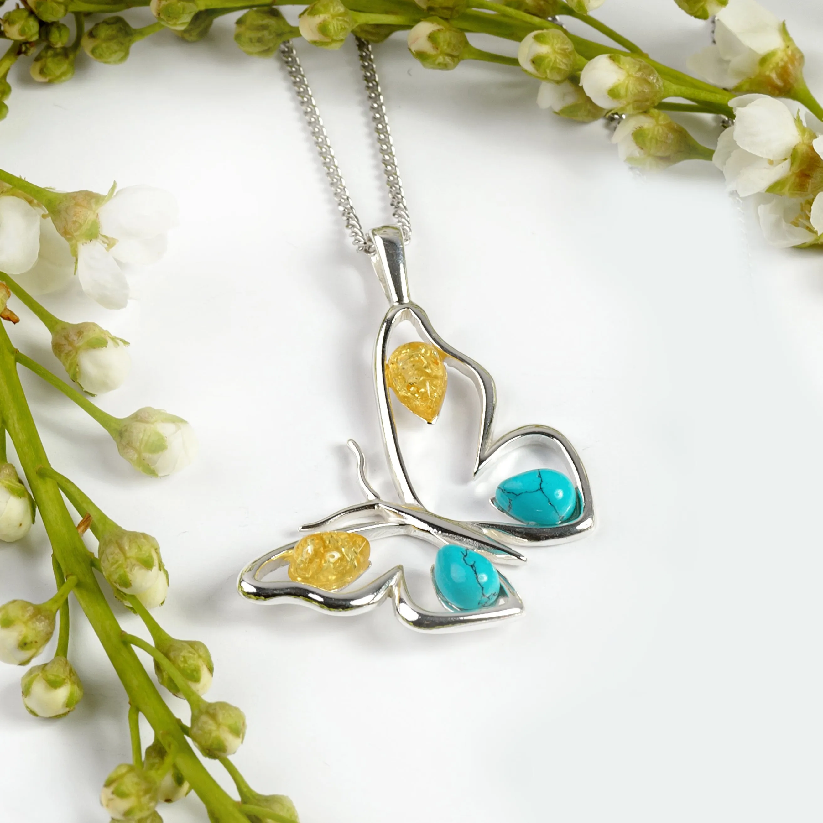Large Butterfly Necklace in Silver, Turquoise and Amber sold by Henryka product image thumbnail 4