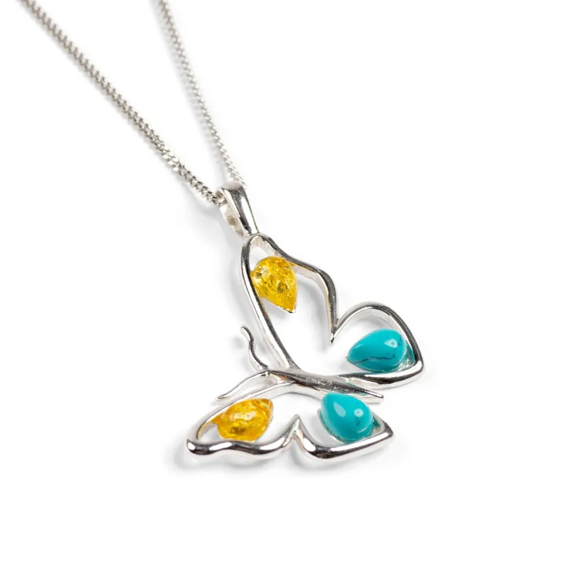 Large Butterfly Necklace in Silver, Turquoise and Amber sold by Henryka