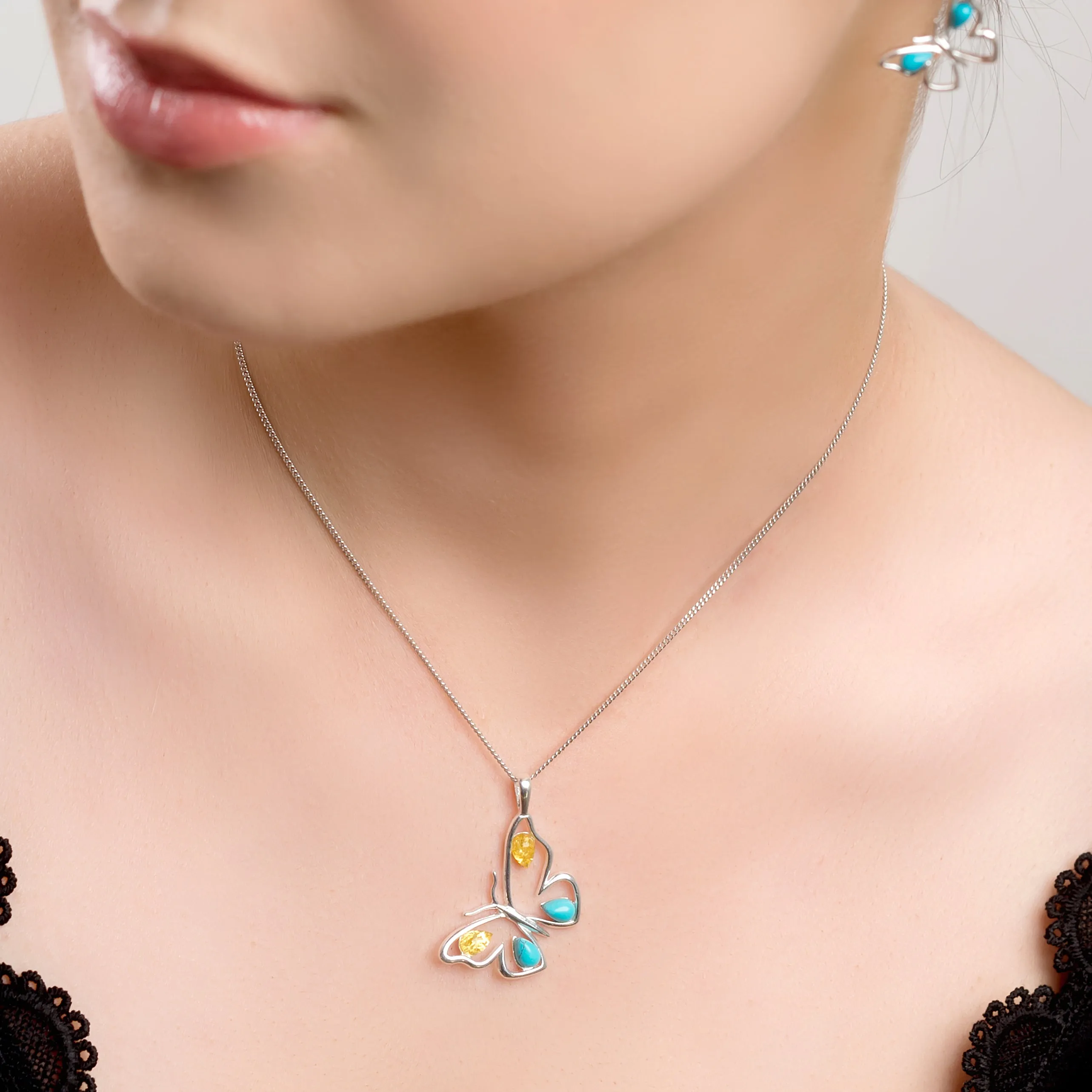 Large Butterfly Necklace in Silver, Turquoise and Amber sold by Henryka product image thumbnail 3