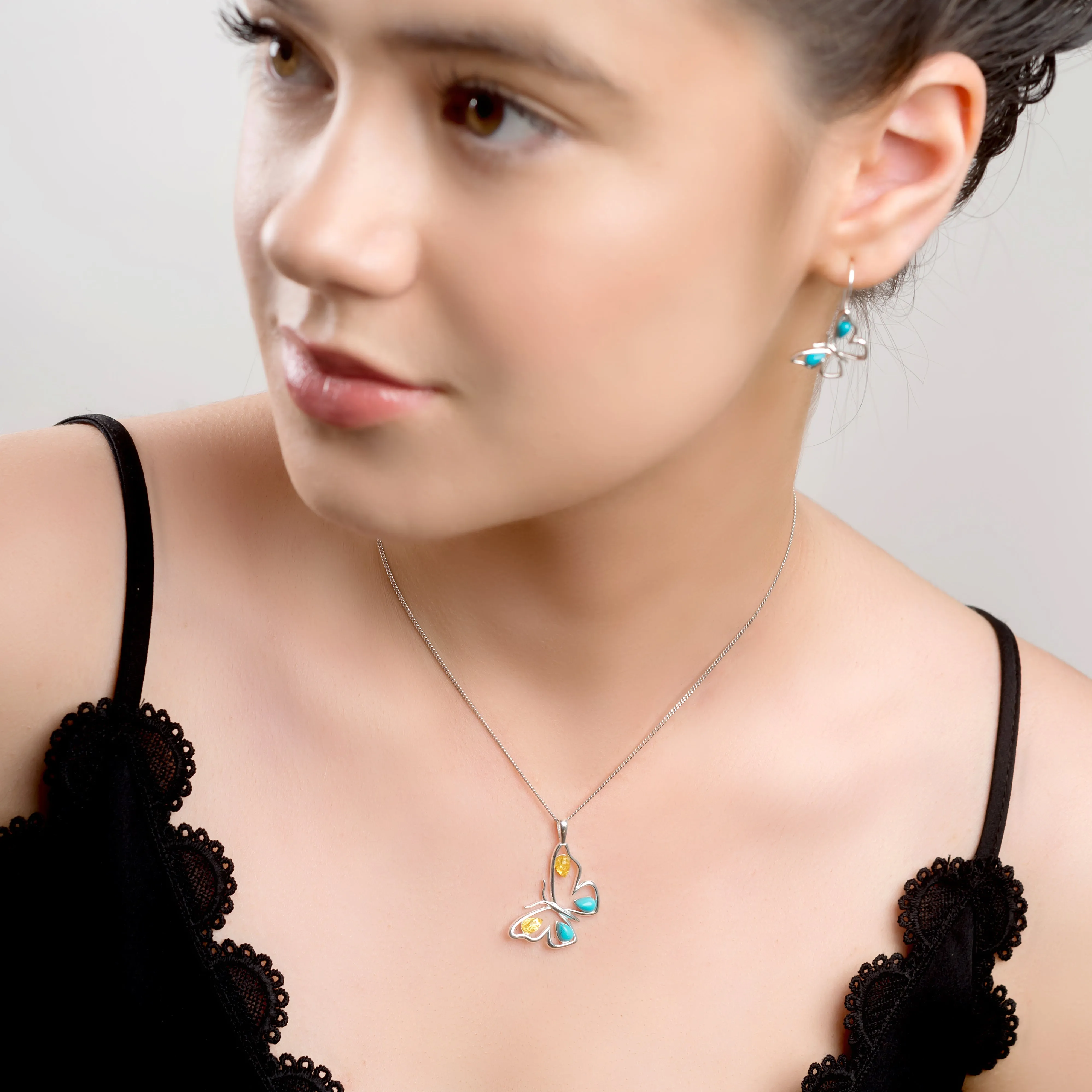 Large Butterfly Necklace in Silver, Turquoise and Amber sold by Henryka product image thumbnail 2