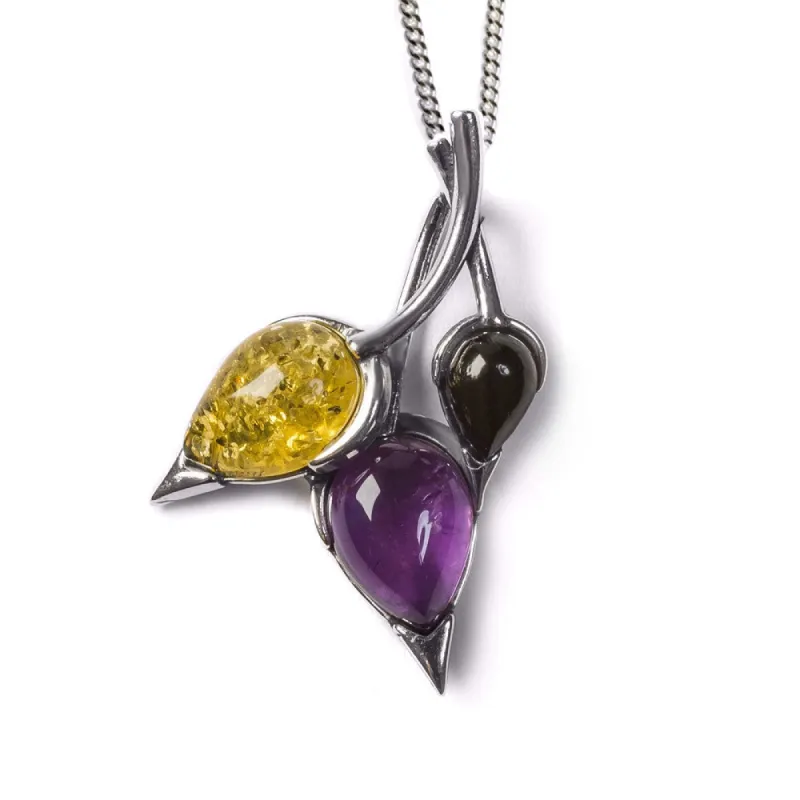 Beech Leaf Necklace in Silver, Amethyst and Amber sold by Henryka