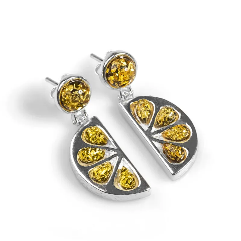 Lime Slice Fruit Drop Earrings in Silver and Green Amber sold by Henryka