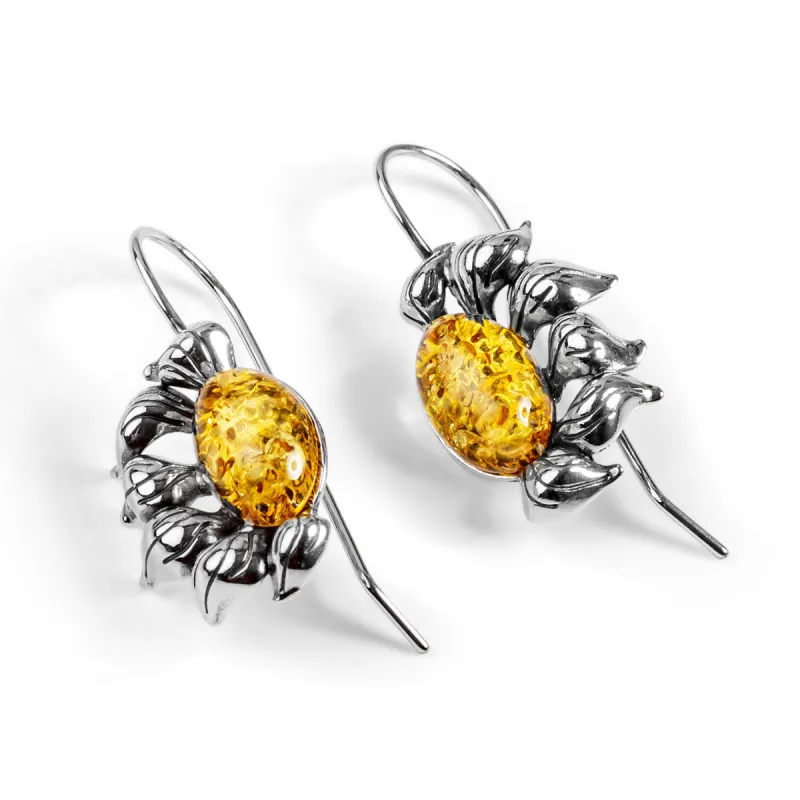 Ready to Bloom Sunflower Hook Earrings in Silver and Yellow Amber sold by Henryka
