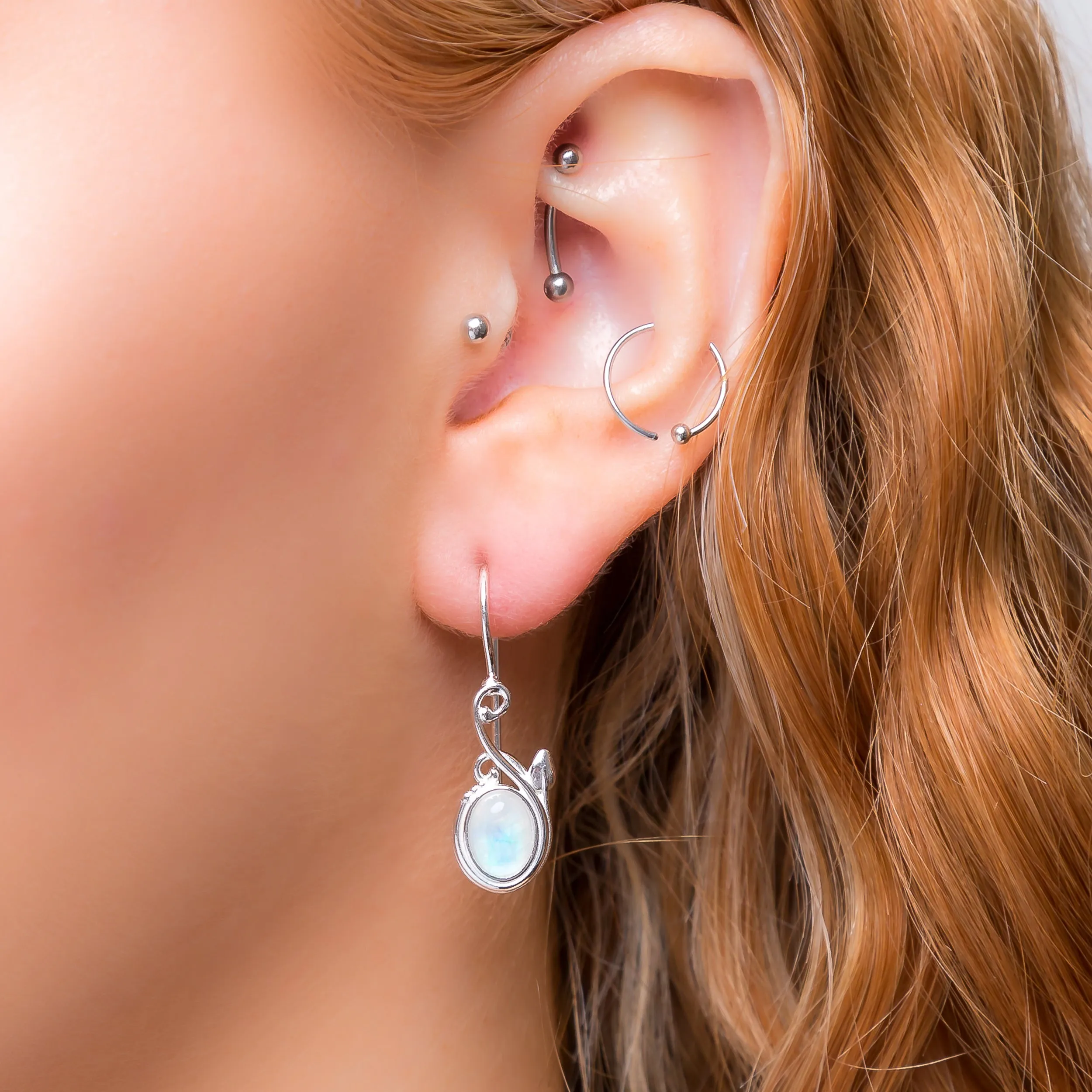 Leaf Motif Hook Earrings in Silver and Moonstone sold by Henryka product image thumbnail 2