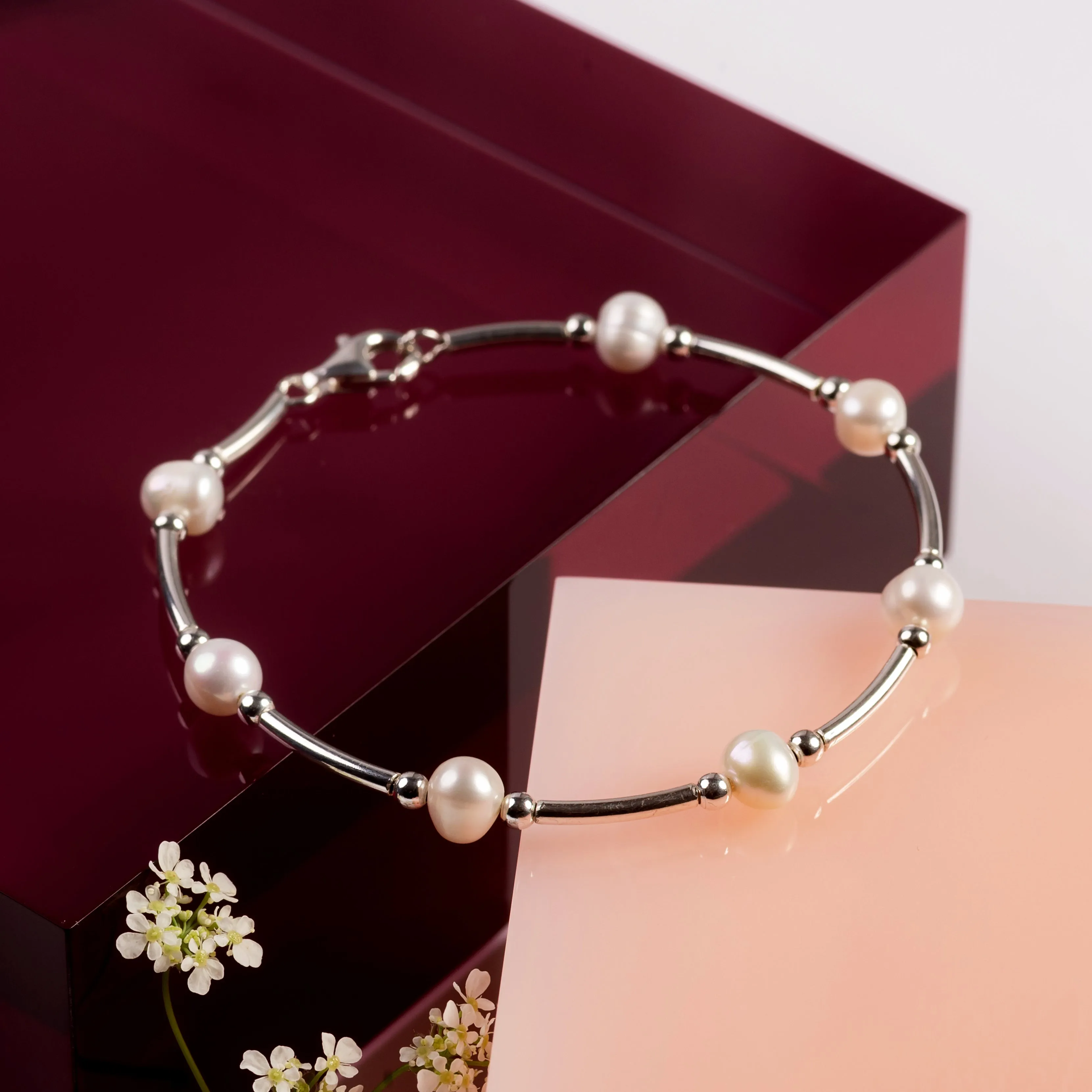 Bead Tube Bracelet / Bangle in Silver and White Pearl sold by Henryka product image thumbnail 4