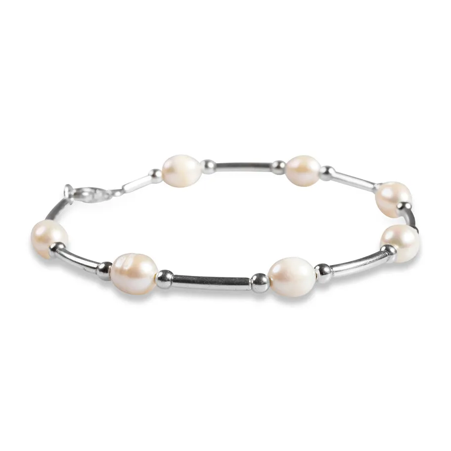 Bead Tube Bracelet / Bangle in Silver and White Pearl sold by Henryka