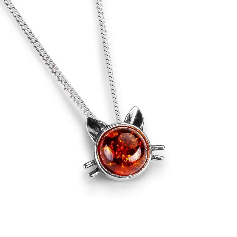 Cute Cat Face Necklace in Silver and Amber sold by Henryka