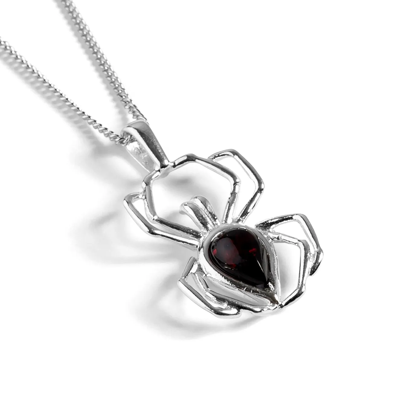 Spider Necklace in Silver and Cherry Amber sold by Henryka