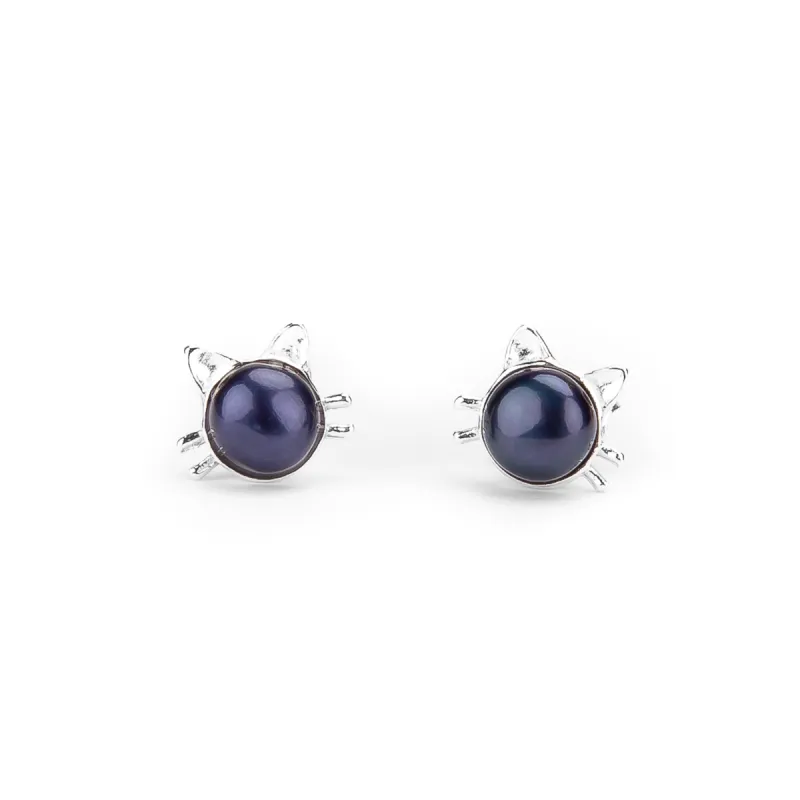 Cute Cat Face Stud Earrings in Silver and Black Pearl sold by Henryka