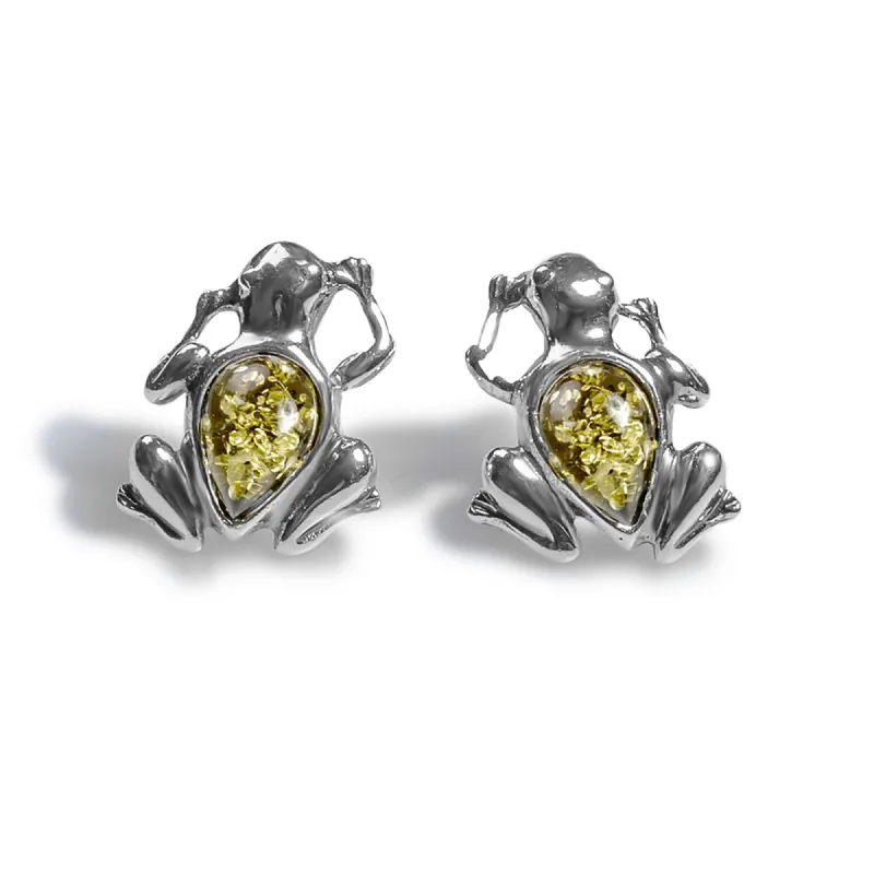 Frog Stud Earrings in Silver and Green Amber sold by Henryka