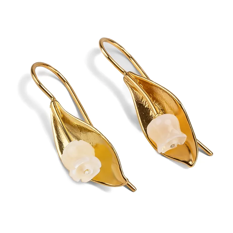 Lily of the Valley Flower Drop Earrings in Silver with 24ct Gold & Mother of Pearl sold by Henryka