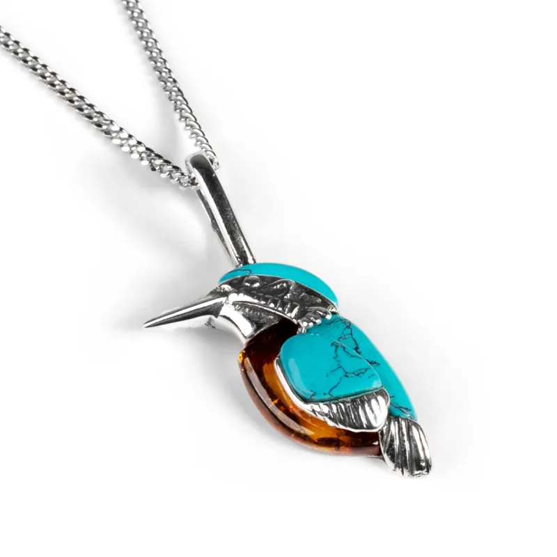 Miniature Kingfisher Bird Necklace in Silver, Turquoise and Amber sold by Henryka