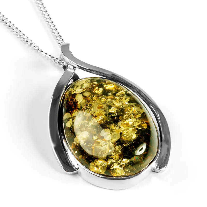 Perfect Green Amber and Silver Necklace - Natural Designer Gemstone sold by Henryka