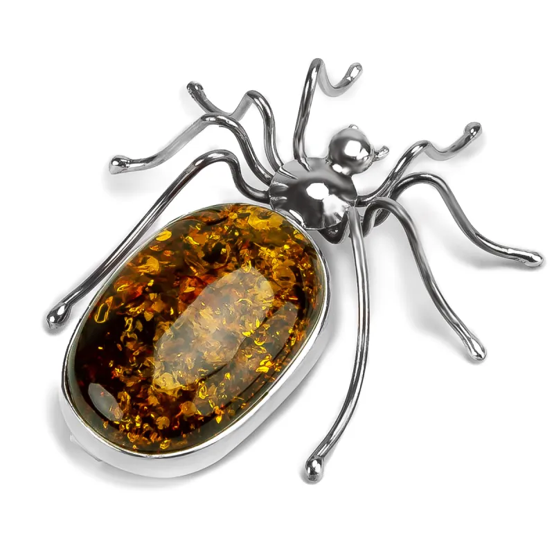 Handmade Spider Brooch in Silver and Green/Cognac Amber sold by Henryka