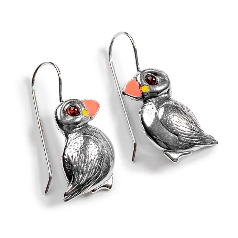 Puffin Bird Drop Earrings in Silver and Amber sold by Henryka