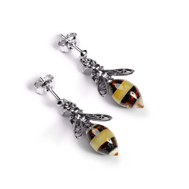 Hornet Bee Stud Drop Earrings in Silver and Amber sold by Henryka