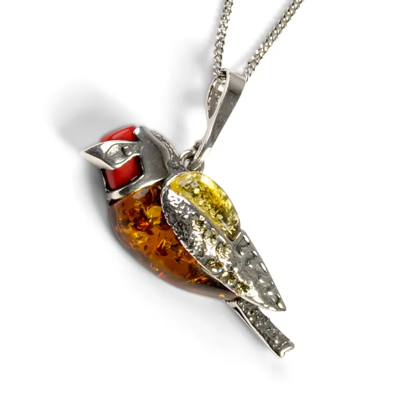 Goldfinch Bird Necklace in Silver, Coral and Amber sold by Henryka