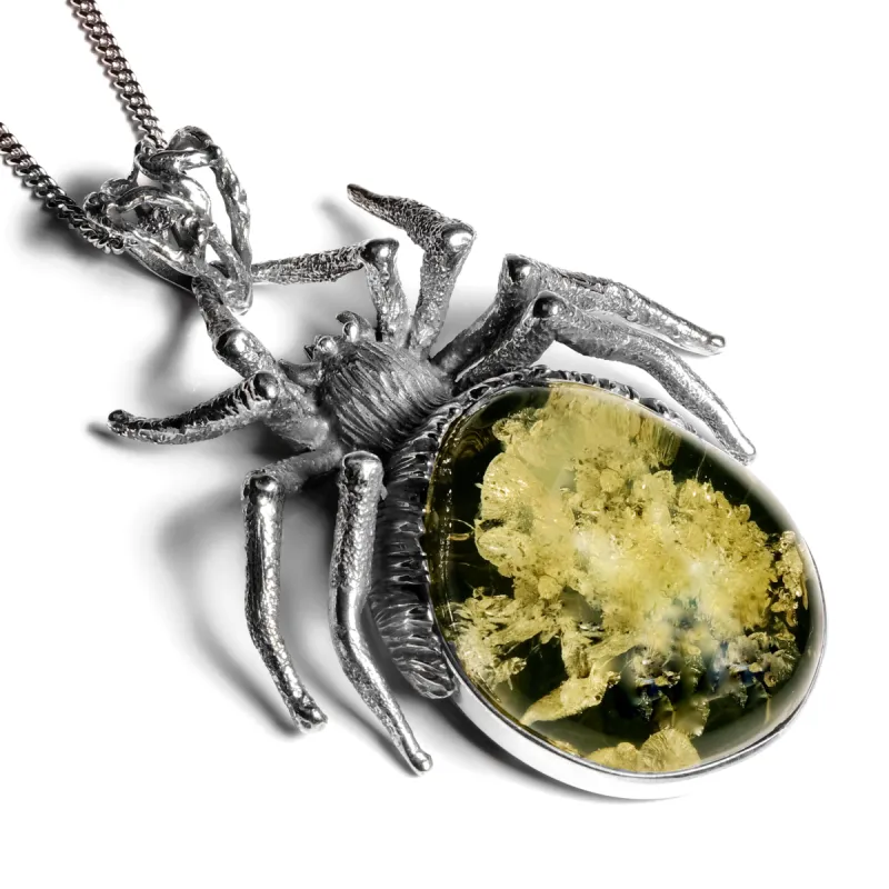 'Hair-raising' Handmade Spider Necklace in Silver and Green Amber sold by Henryka