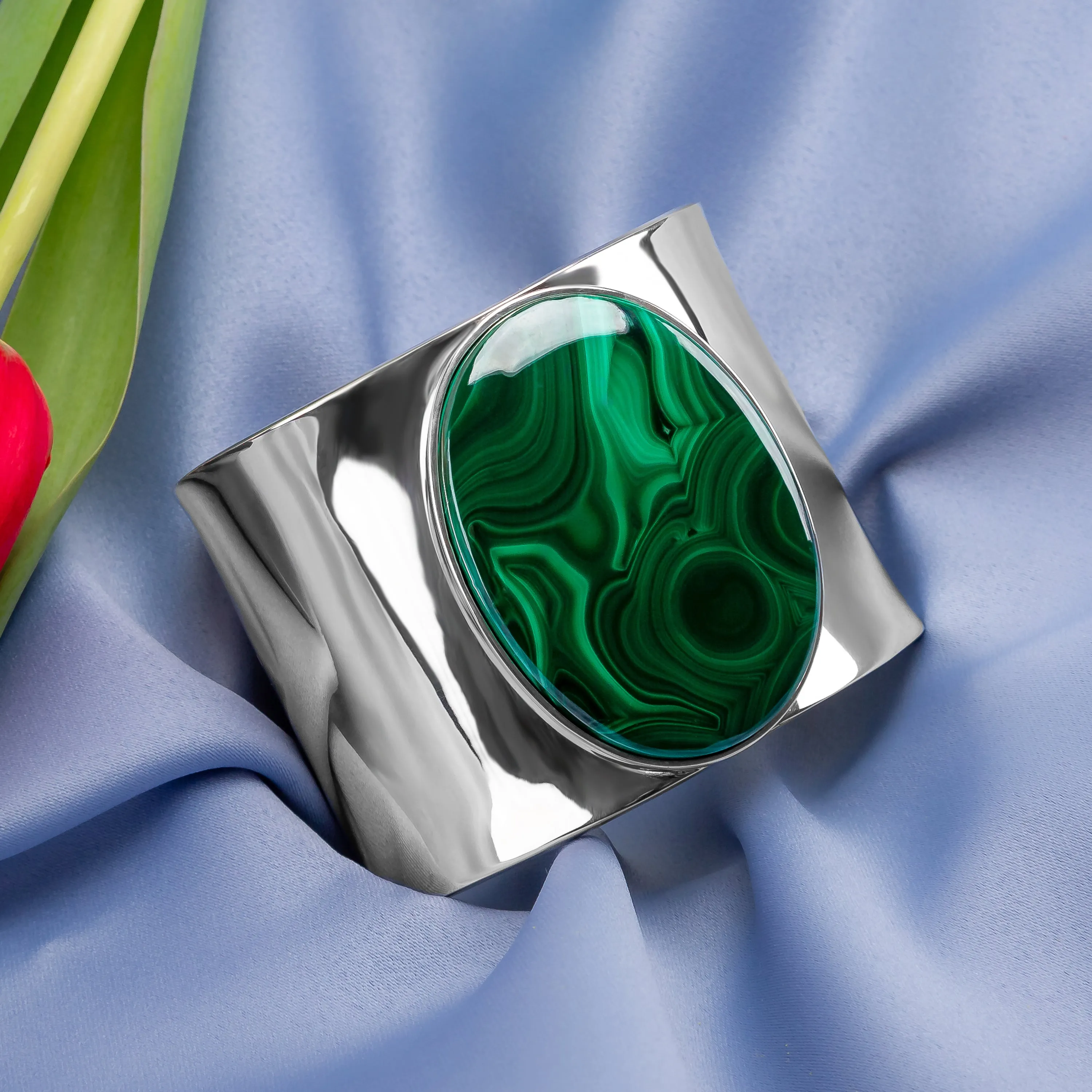 Contemporary Statement Bangle in Silver and Oval Malachite sold by Henryka product image thumbnail 4
