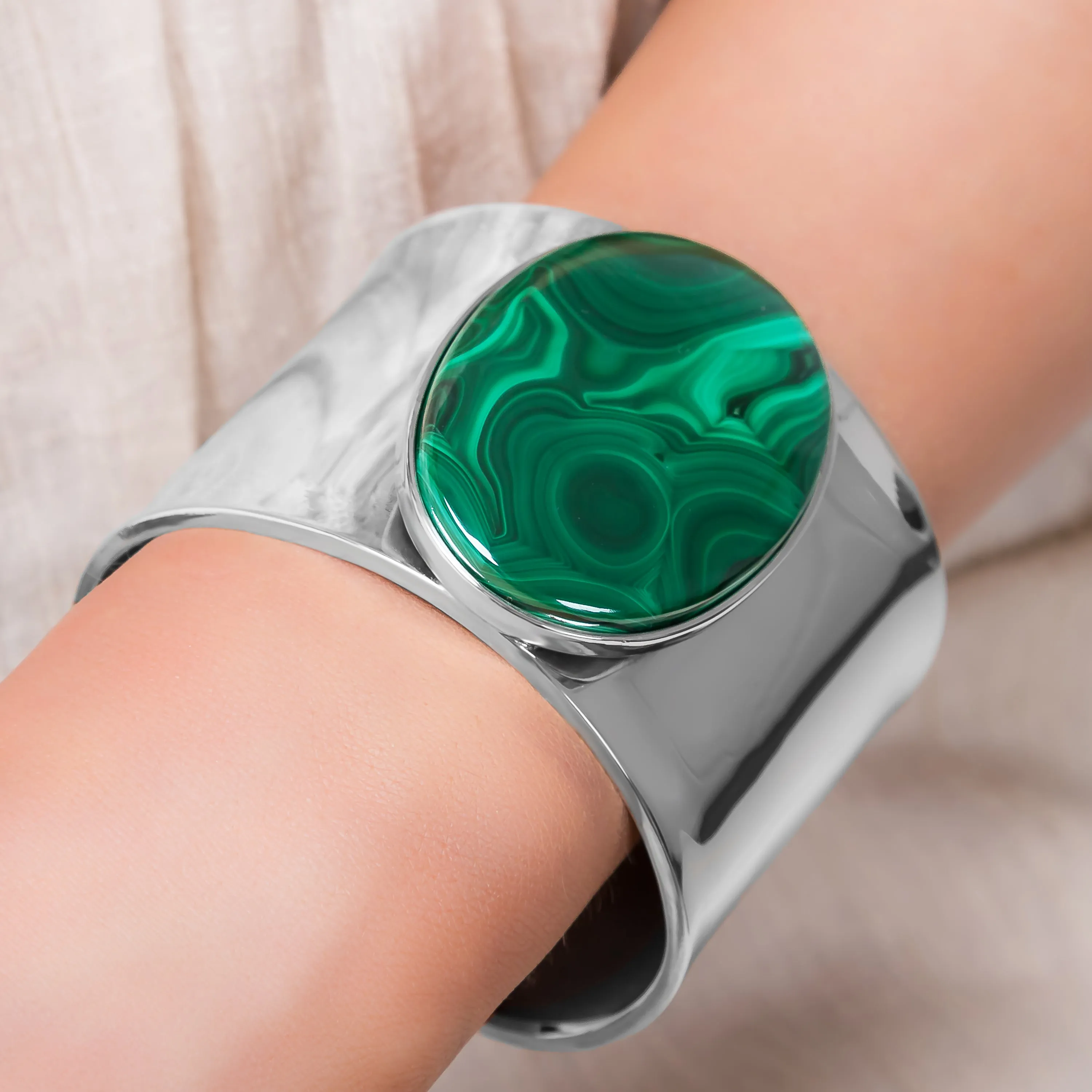 Contemporary Statement Bangle in Silver and Oval Malachite sold by Henryka product image thumbnail 3