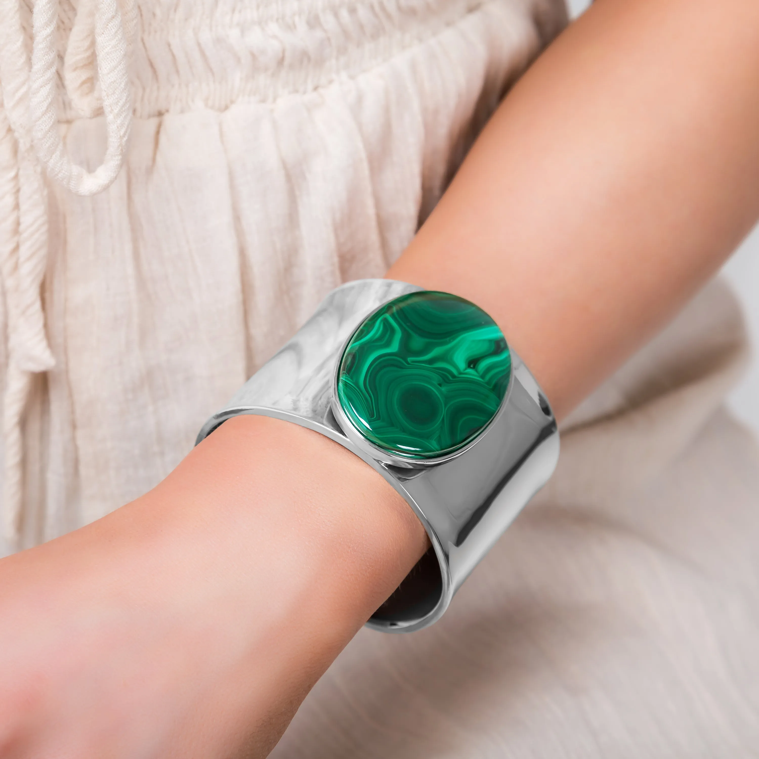 Contemporary Statement Bangle in Silver and Oval Malachite sold by Henryka product image thumbnail 2