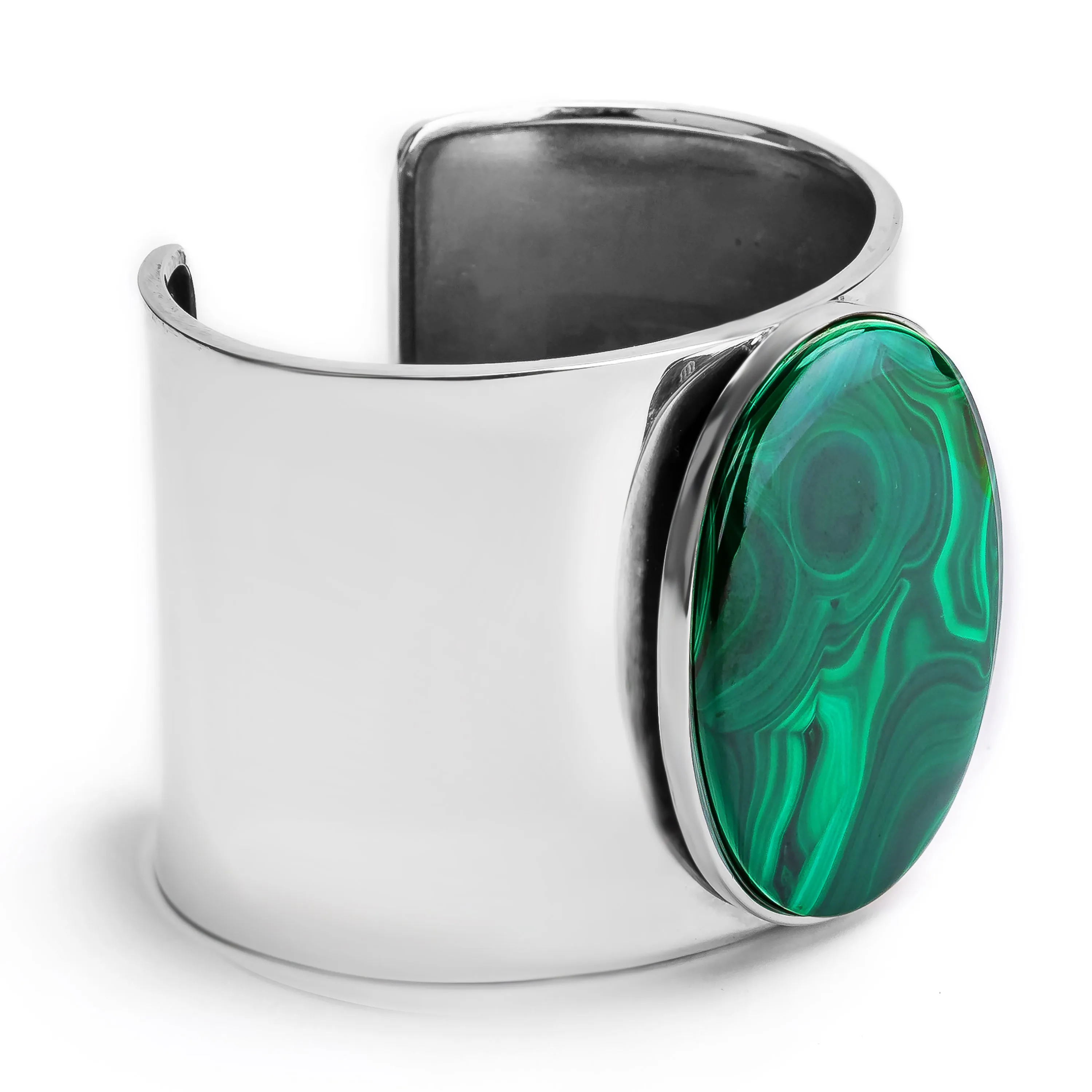 Contemporary Statement Bangle in Silver and Oval Malachite sold by Henryka