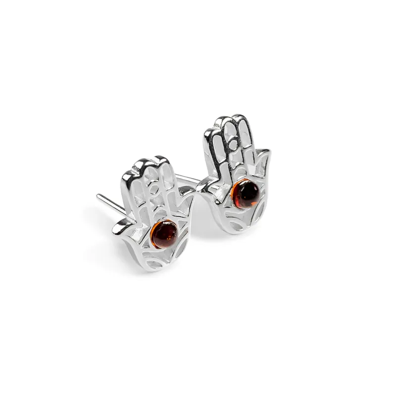 Hamsa Hand Stud Earrings in Silver and Amber sold by Henryka