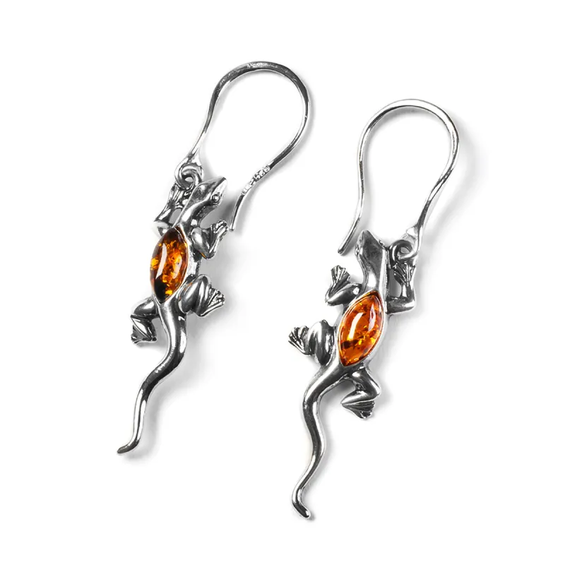 Lizard Drop Earrings in Silver and Cognac Amber sold by Henryka