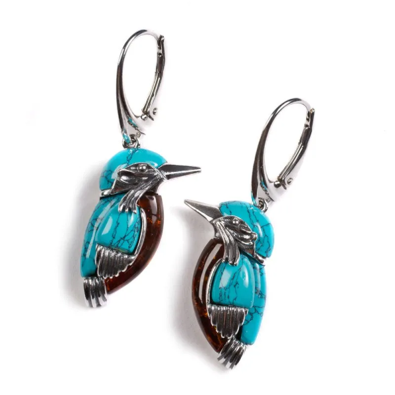 Kingfisher Bird Drop Earrings in Silver, Turquoise and Amber sold by Henryka