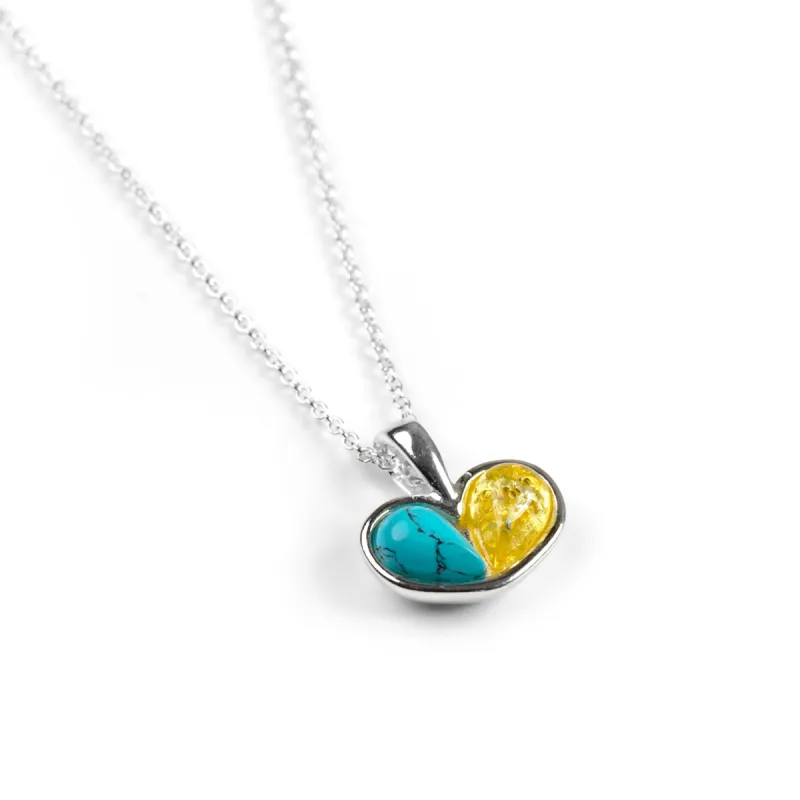 Cute Heart Necklace in Silver, Turquoise and Yellow Amber sold by Henryka