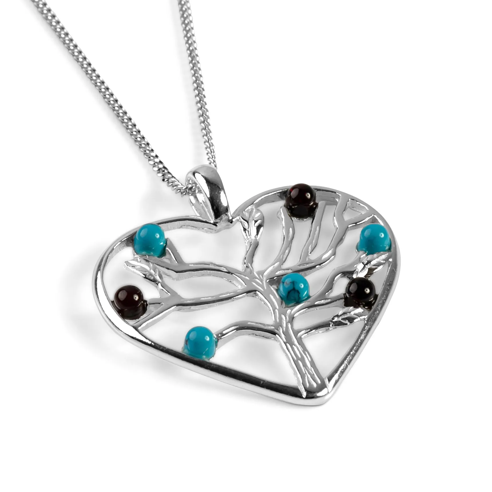 Symbol of Love Heart Necklace in Silver, Turquoise and Cherry Amber sold by Henryka