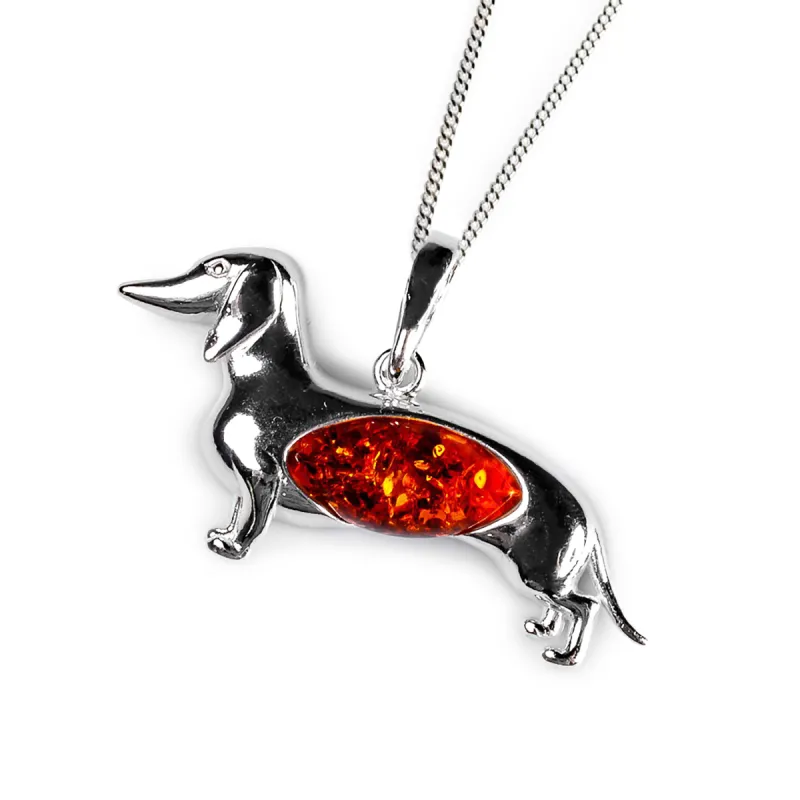 Dachshund / Sausage Dog Necklace in Silver and Amber sold by Henryka