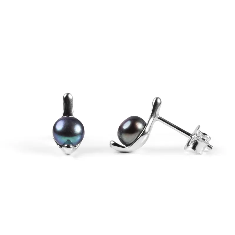 Elegant Stud Earrings in Silver and Black Pearl sold by Henryka