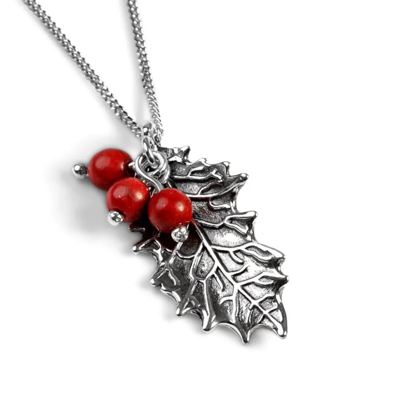 Small Holly Leaf with Berries Necklace in Silver sold by Henryka
