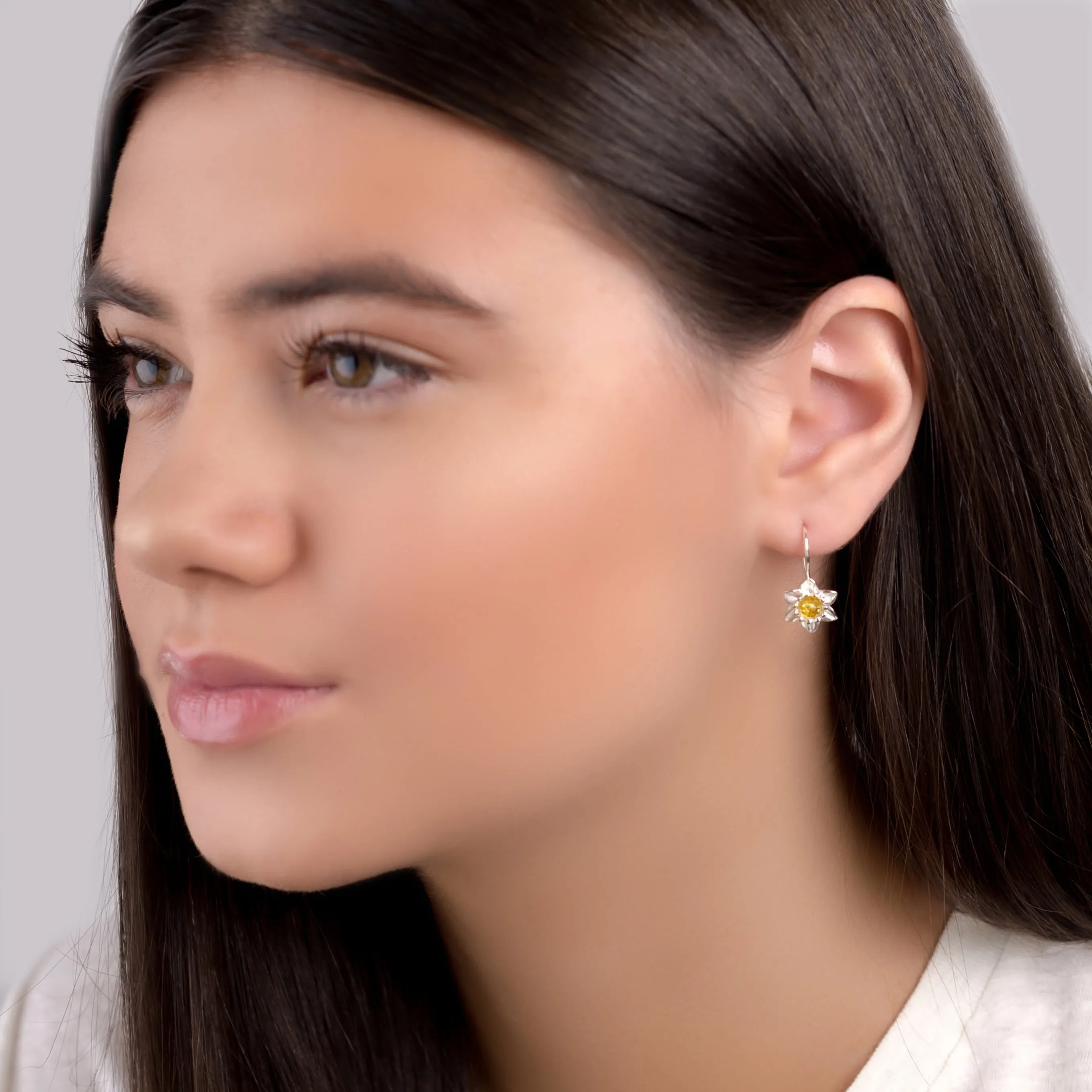Daffodil Flower Hook Earrings in Silver and Yellow Amber sold by Henryka product image thumbnail 3