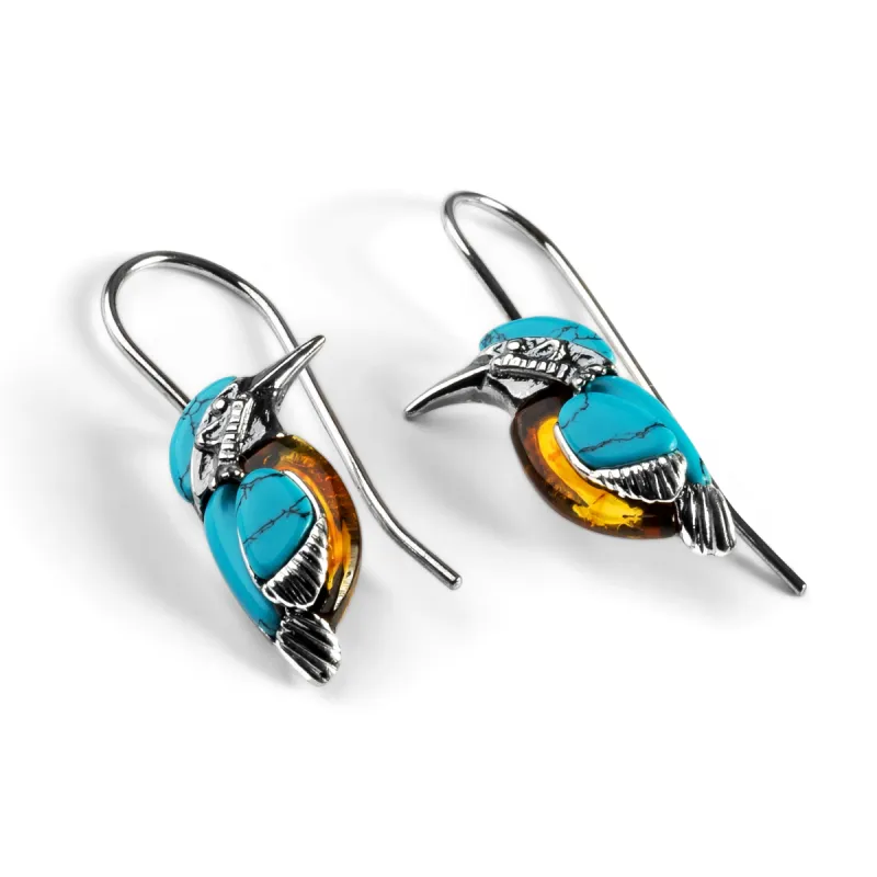 Kingfisher Bird Hook Earrings in Silver, Turquoise and Amber sold by Henryka