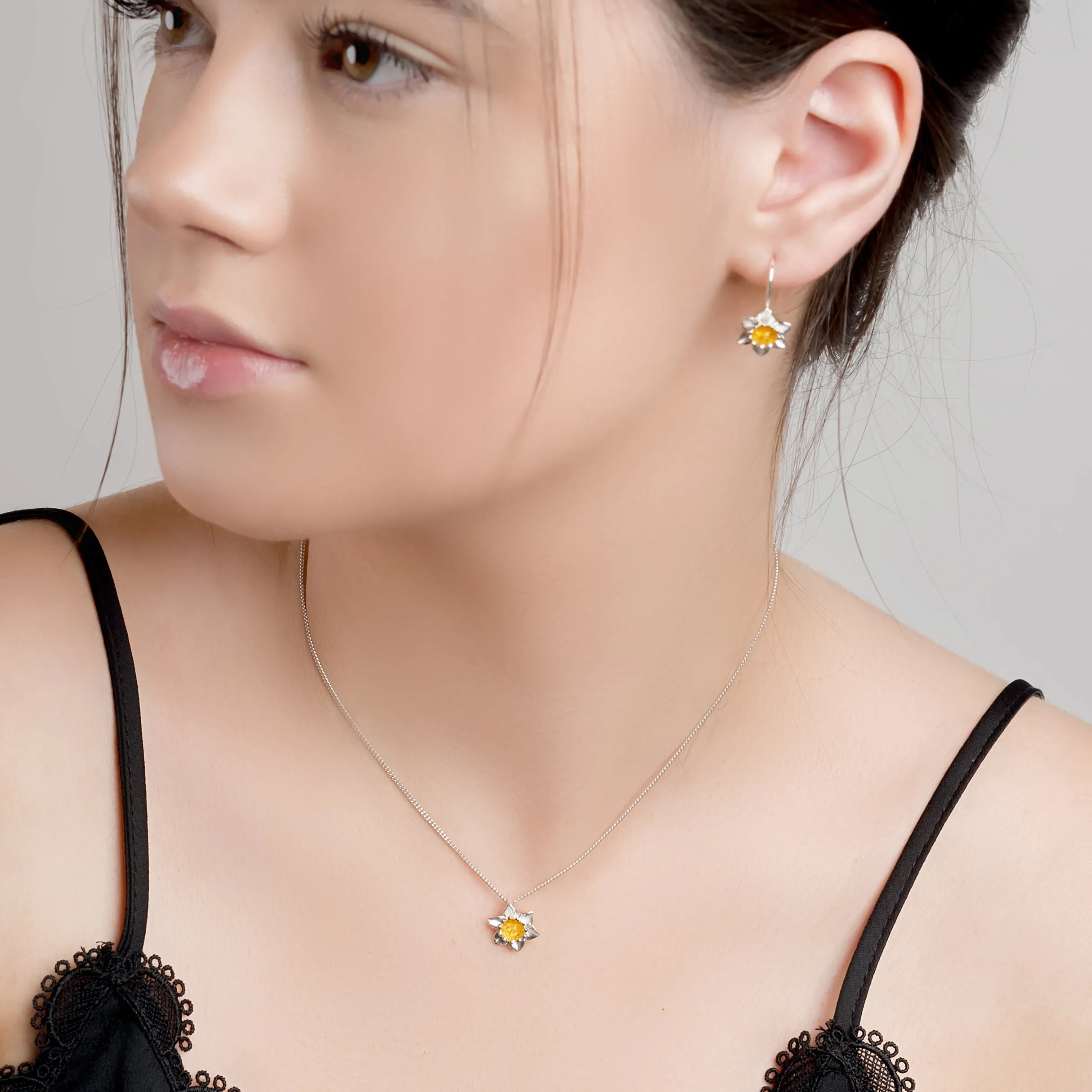 Daffodil Flower Hook Earrings in Silver and Yellow Amber sold by Henryka product image thumbnail 4