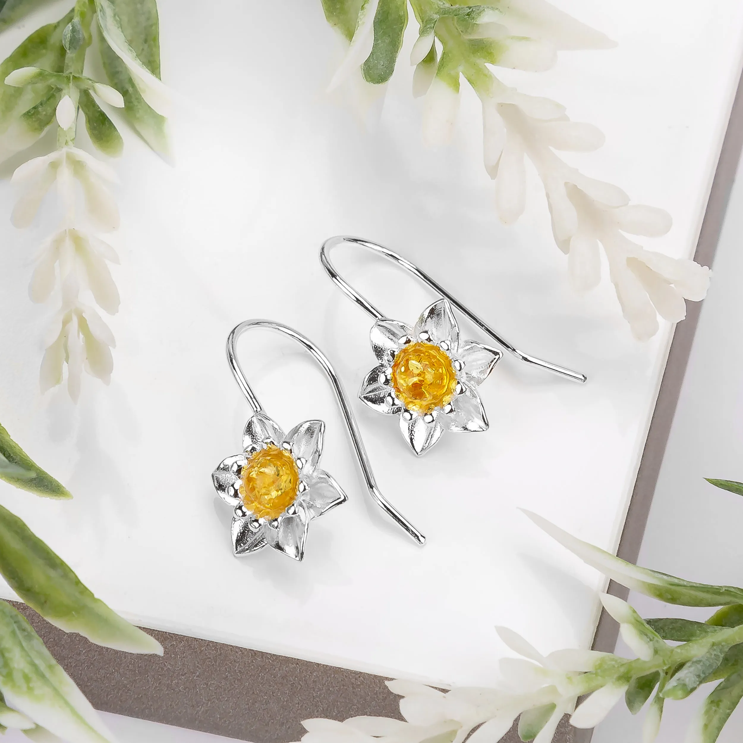 Daffodil Flower Hook Earrings in Silver and Yellow Amber sold by Henryka product image thumbnail 5