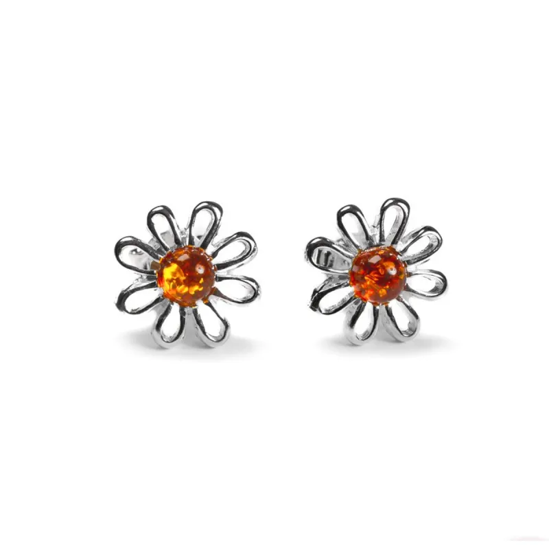 Daisy Stud Earrings in Silver and Amber sold by Henryka