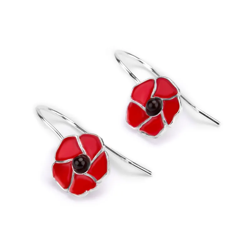 Red Poppy Flower Hook Earrings in Silver and Amber sold by Henryka