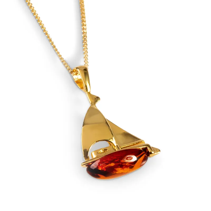 Sailboat / Boat / Yacht Necklace in Amber & Silver with 24ct Gold sold by Henryka