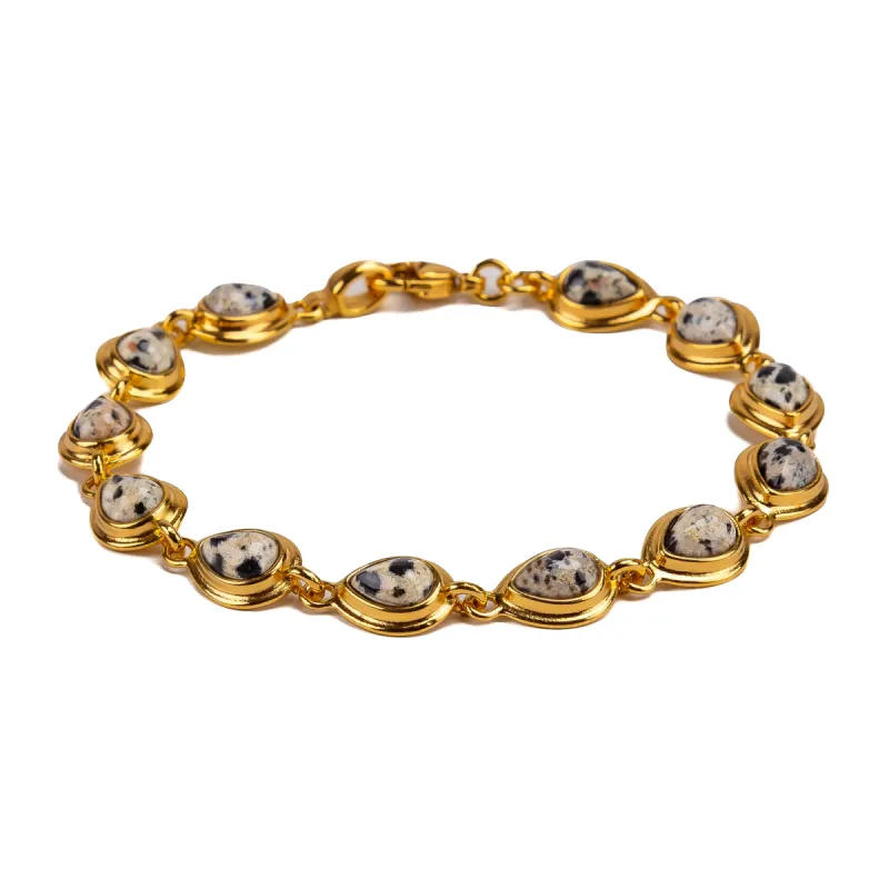 Classic Teardrop Link Bracelet in Silver with 24ct Gold & Dalmatian Jasper sold by Henryka