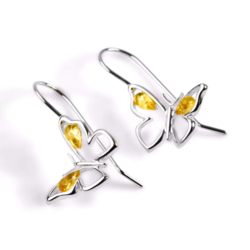 Butterfly Hook Earrings in Silver and Yellow Amber sold by Henryka