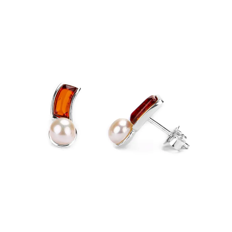 Curved Pearl Earrings in Silver and Amber sold by Henryka
