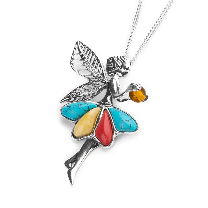 Fairy Necklace in Silver, Amber, Turquoise and Coral sold by Henryka
